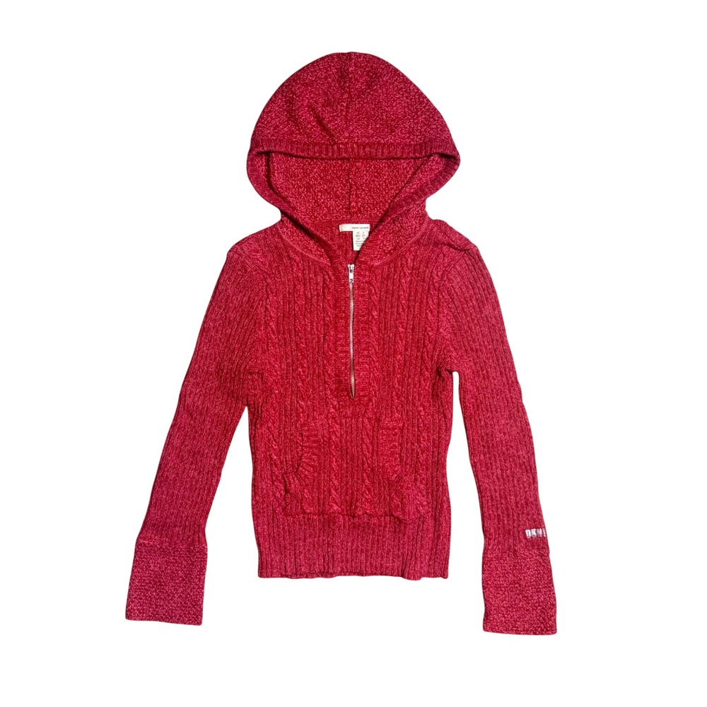 DKNY Jeans Womens Red Cable Knit Quarter Zip Hoodie Sweater